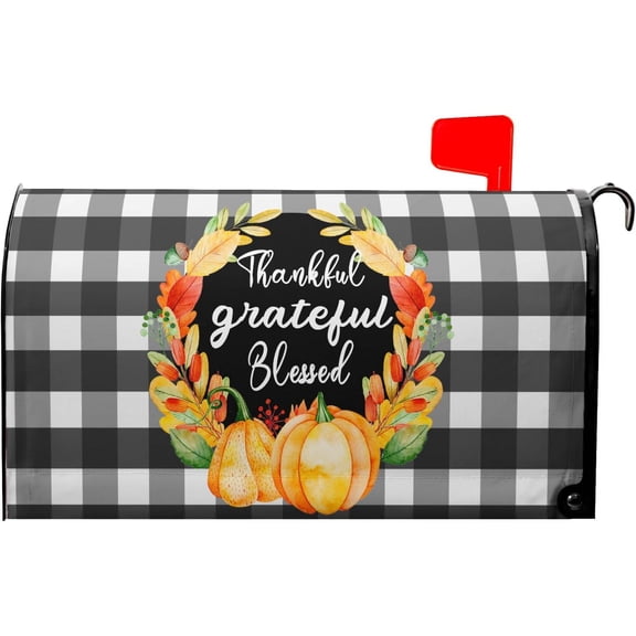 Fall Magnetic Mailbox Cover Oversized 25.5x21 Inch Autumn Thanksgivng Mailbox Covers Welcome Pumpkin Wreath Mailbox Cover Buffalo Plaid Mailbox Wrap Post Letter Box Cover for Outdoor Decoration