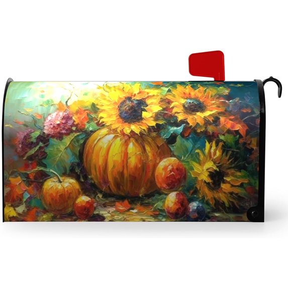 Fall Magnetic Mailbox Cover Standard Size 21x18 Inches Sunflower Pumpkin Mailbox Wraps Waterproof Autumn Flower Mailbox Post Letter Box Covers for Home Garden Yard Outside Decoration