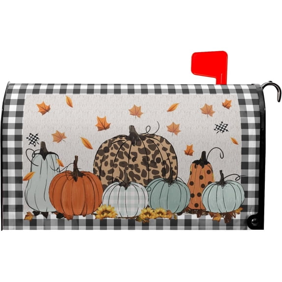 Fall Magnetic Mailbox Covers Buffalo Plaid Harvest Pumpkin Post Wraps Pumpkins Maple Leaf Decorative Waterproof Mail Box Covers Autumn Thanksgiving Holiday Letter Box Cover for Garden Yard 25.5x21inch