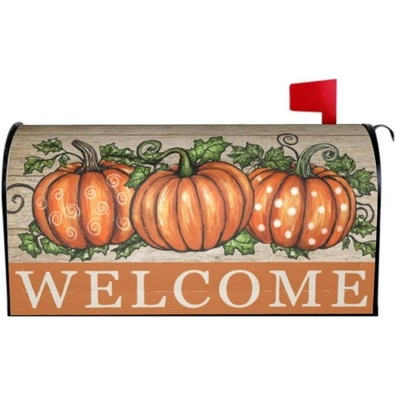 Fall Mailbox Cover Magnetic Orange Pumpkin Welcome Mailbox Wraps Post Letter Box Cover for Garden Yard Home Decor Standard Size 21" x 18"