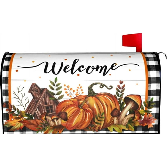 Fall Mailbox Covers Magnetic Pumpkin Outdoor Decorations Welcome Mailbox Wraps Floral Post Letter Box Cover Garden Decor Standard Size 18" X 21"