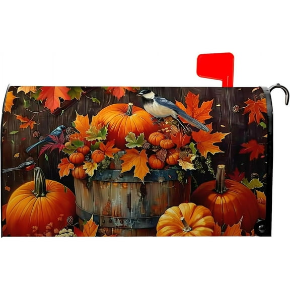 Fall Mailbox Covers Magnetic Standard Size 18x21 Inch Autumn Harvest Pumpkin Maple Leaf Bird Mail Box Cover Thanksgiving Mailboxes Wraps Post Letter Box Cover for Outdoor Garden Yard Decor