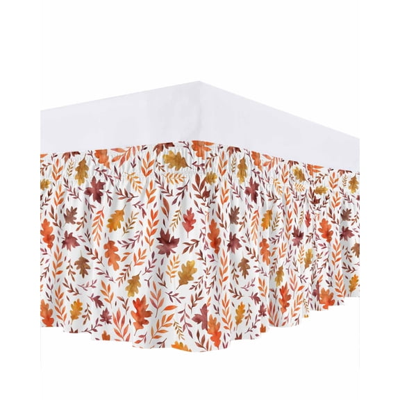 Fall Maple Bed Skirt Queen Size 16 Inch Drop, Leaves Thanksgiving Eucalyptus Leaves Farmhouse Wrap Around Dust Ruffle Bedskirts, Wrinkle & Fade Resistant Easy Fit Bedskirt with Adjustable Elastic