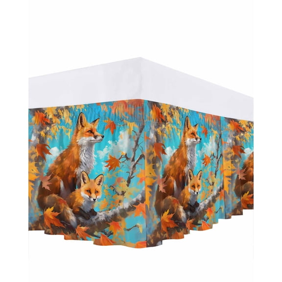 Fall Maple Bed Skirt Queen Size 16&nbsp;Inch Drop, Leaf Animal Fox Watercolor Oil Painting Wrap Around Dust Ruffle Bedskirts, Wrinkle & Fade Resistant Easy Fit Bedskirt with Adjustable Elastic