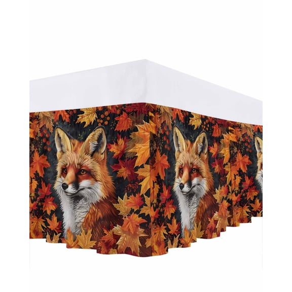 Fall Maple Bed Skirt Queen Size 18 Inch Drop, Leaf Fox Oil Painting Wrap Around Dust Ruffle Bedskirts, Wrinkle & Fade Resistant Easy Fit Bedskirt with Adjustable Elastic