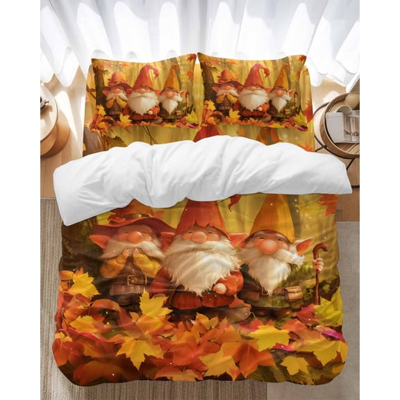 Fall Maple Bedding Duvet Cover Set Twin Size 4 Pieces Grove Leaves Gnomes Soft Twill Plush Quilt Cover, Include 1 Duvet Cover 1 Flat Sheet And 2 Pillow
