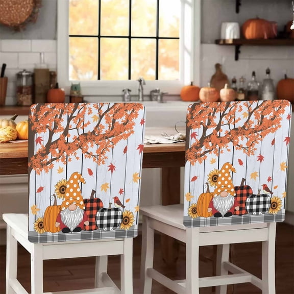 Fall Maple Chair Covers Set of 1 Gnome Pumpkin Sunflower Wood Grain Thanksgiving Chair Back Covers Stretch Removable Washable Slipcovers Protector for Dining Room Kitchen Party Decor