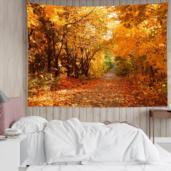 Fall Maple Forest Tapestry Orange Maple Tree and Faded Leaf with Vintage Road Wall Tapestry Autumn Nature Landscape Tapestry for Bedroom Classrom Office Living Room Dorm Decor, 60 X 40 Inches