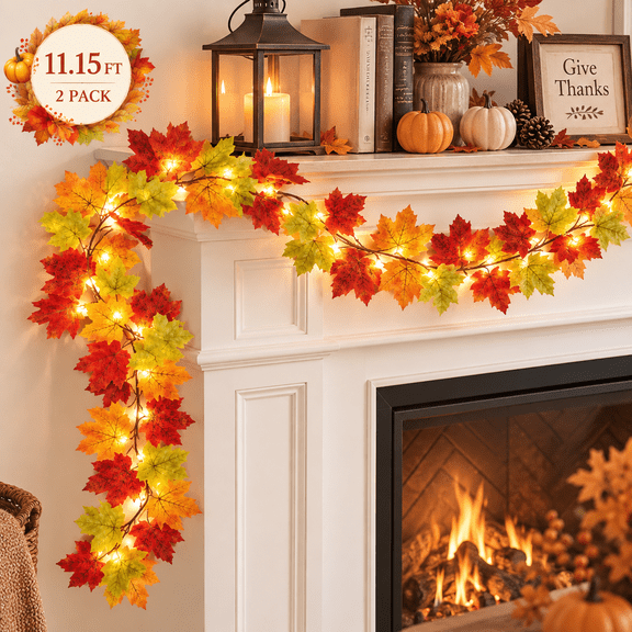 Fall Garland with Lights 2 Pack, 5.56Ft Lighted Maple Leaf Garland Autumn Garland for Mantel Fireplace Doorway Thanksgiving Decor