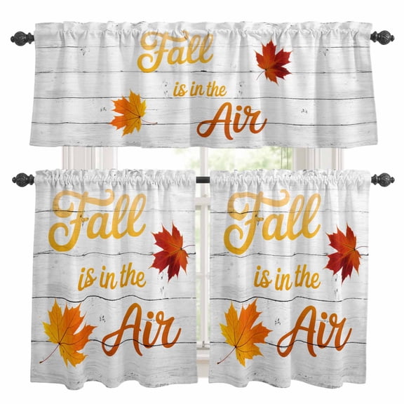 Fall Maple Kitchen Curtains Sets for Windows 36 Inch Length, Thanksgiving Leaves Rustic Wooden Grain Rod Pocket Window Treatments Tier Curtains and Valances Set for Bedroom/Bathroom