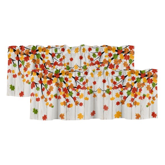 Fall Maple Leaf 2 Panels Kitchen Valance, Country Farmhouse Red Green Leaves Tree Wood Grain Curtains Valances for Small Windows Rod Pocket Window Treatments for Living Room Bedroom 42"W x 12"L