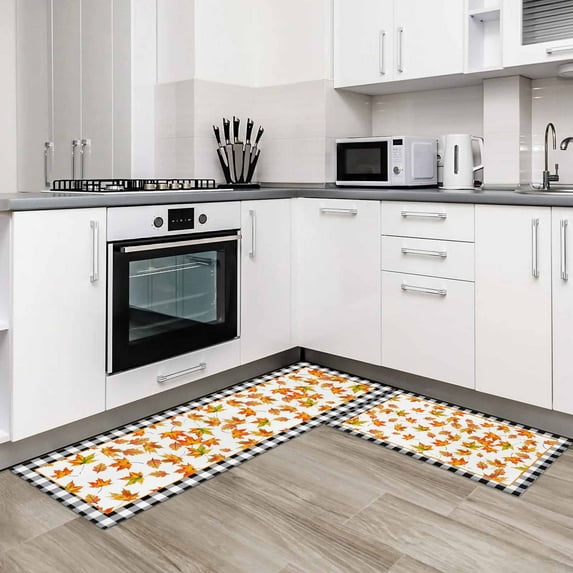 Fall Maple Leaf 2 Pieces Non-Slip Kitchen Mat Set Thanksgiving Autumn Black White Plaid Soft Door Mat with Rubber Backing,Dirtproof Rugs for Entrance Doorway 19.7x31.5in+19.7x47.2in