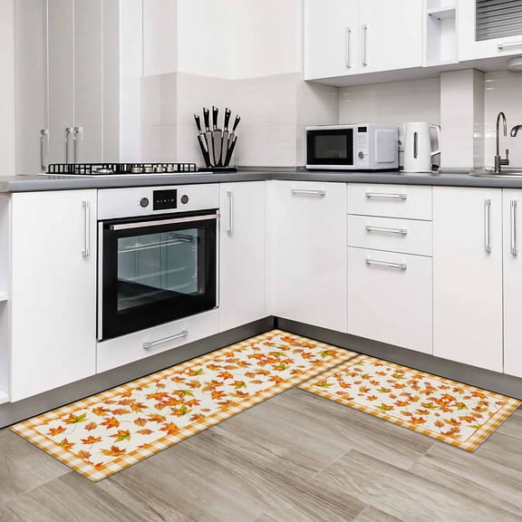 Fall Maple Leaf 2 Pieces Non-Slip Kitchen Mat Set Thanksgiving Autumn Orange Plaid Soft Door Mat with Rubber Backing,Dirtproof Rugs for Entrance Doorway 23.6x35.4in+23.6x70.9in
