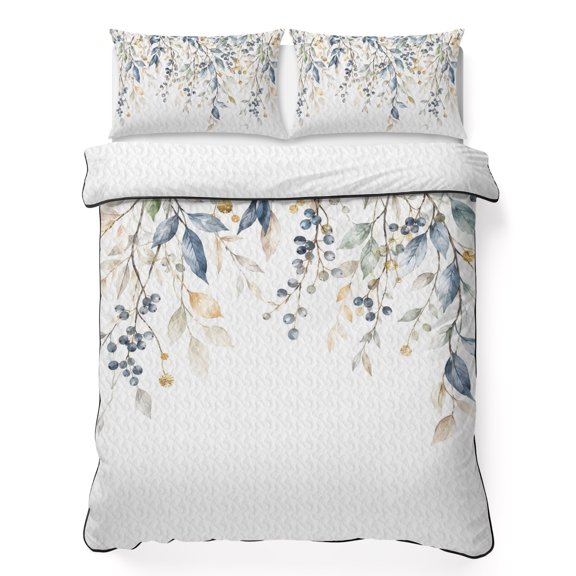 Fall Maple Leaf 3 Piece Quilt Bedding Set with 2 Pillow Shams, Country Botanical Minimalist Blue Green Leaf Berry Lightweight Bedspread Coverlet, Soft Breathable All Season Quilt, 79 x 90 Inch