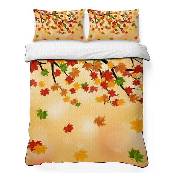 Fall Maple Leaf 3 Piece Quilt Bedding Set with 2 Pillow Shams, Country Pastoral Red Green Orange Leaves Tree Lightweight Bedspread Coverlet, Soft Breathable All Season Quilt, 79 x 90 Inch