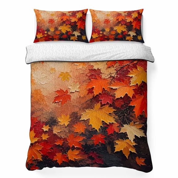 Fall Maple Leaf 3 Piece Quilt Bedding Set with 2 Pillow Shams, Country Vintage Farmhouse Red Orange Tree Leaves Lightweight Bedspread Coverlet, Soft Breathable All Season Quilt, 79 x 90 Inch