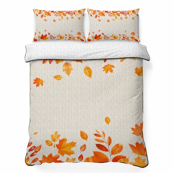 Fall Maple Leaf 3 Piece Quilt Bedding Set with 2 Pillow Shams, Red Autumn Plant Falling Leaf Farmhouse Linen Lightweight Bedspread Coverlet, Soft Breathable All Season Quilt, 68 x 86 Inch