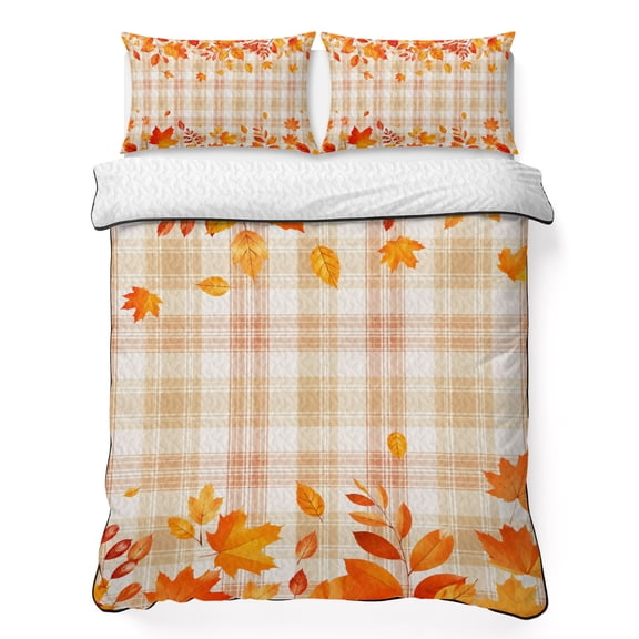 Fall Maple Leaf 3 Piece Quilt Bedding Set with 2 Pillow Shams, Red Autumn Plant Falling Leaf Orange Plaid Farm Lightweight Bedspread Coverlet, Soft Breathable All Season Quilt, 79 x 90 Inch