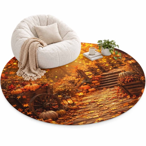 Fall Maple Leaf Area Rug 6', Orange Golden Pumpkins Tree Rustic Wooden ...