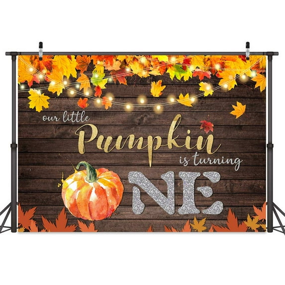Fall Maple Leaf Background Pumpkin First Birthday Party Backdrop Wood Light Photography Backdrop Baby Shower Birthday Decoration,5X3FT