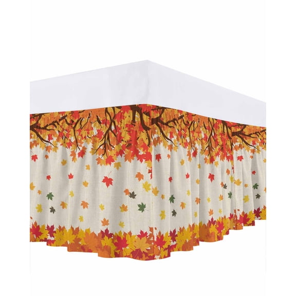 Fall Maple Leaf Bed Skirt Queen Size 16 Inch Drop, Thanksgiving Leaves Countryside Retro Wrap Around Dust Ruffle Bedskirts, Wrinkle & Fade Resistant Easy Fit Bedskirt with Adjustable Elastic