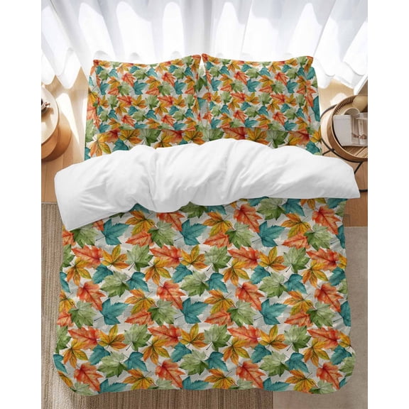 Fall Maple Leaf Bedding Duvet Cover Set Twin Size 4 Pieces Blue Green Orange Leaves Pastoral Linen Bedding Set with Zipper Closure, 1 Comforter Cover 68x86 Inches 1 Flat Sheet & 2 Pillow Cases