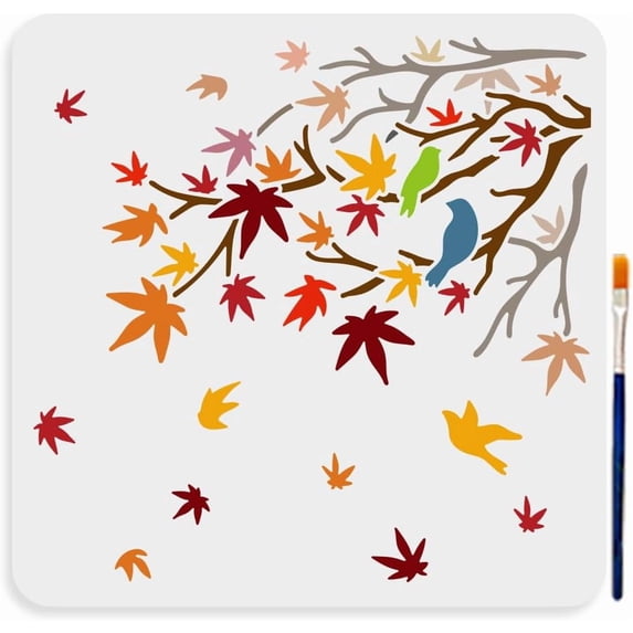 Fall Maple Leaf Bird Stencil 11.8×11.8inch Maple Tree Branch Drawing Template Reusable Fall Plant Template Bird Forest Plastic Stencil for Painting on Wood Wall Fabric Home Decor