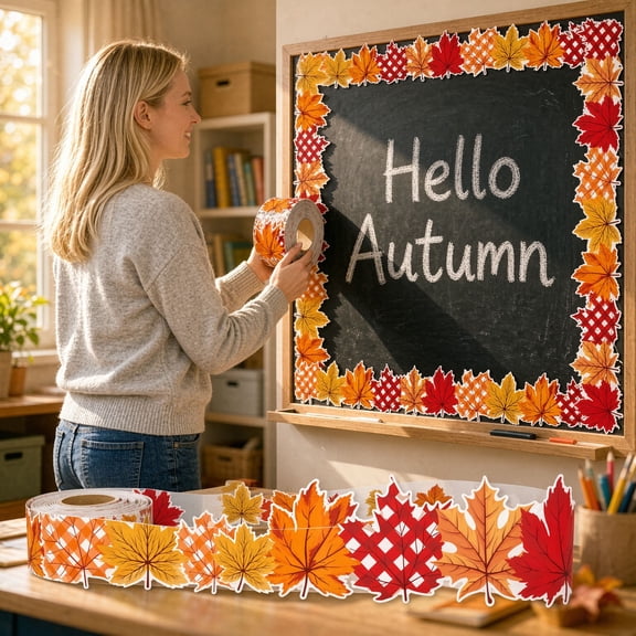Fall Maple Leaf Border Roll, Autumn Leaf Sticker Strip for Bulletin Board Classroom Decor