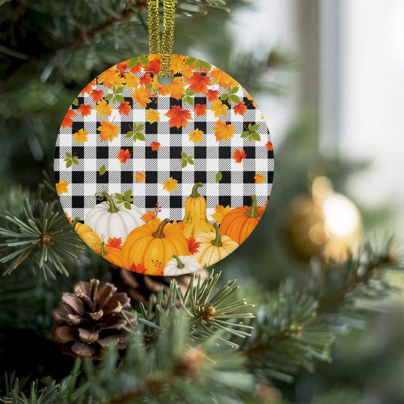 Fall Maple Leaf Buffalo Plaid Christmas Ceramic Ornament 2026,3" Round Xmas Tree Hanging Accessories with Ribbon,Thanksgiving Pumpkin Checkered Pendant Ornaments for Holiday Gift Home Party Decor