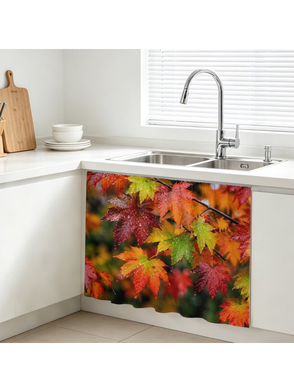 Fall Maple Leaf Cabinet Curtain, Rustic Red Green Leaf Water Droplets Twig Foliage Sink Skirt for Bathroom, Under Sink shelf Curtain Privacy Drape for Kitchen Laundry Room 10x11in