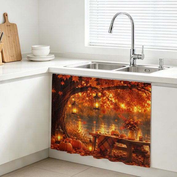 Fall Maple Leaf Cabinet Curtains for Kitchen 11"Wx13"L, Lakeside Serenity Orange Golden Pumpkins Tree Rustic Vanity Cabinet Curtains Magic Tape Short Curtain Decor Privacy Panel for Bathroom Laundry