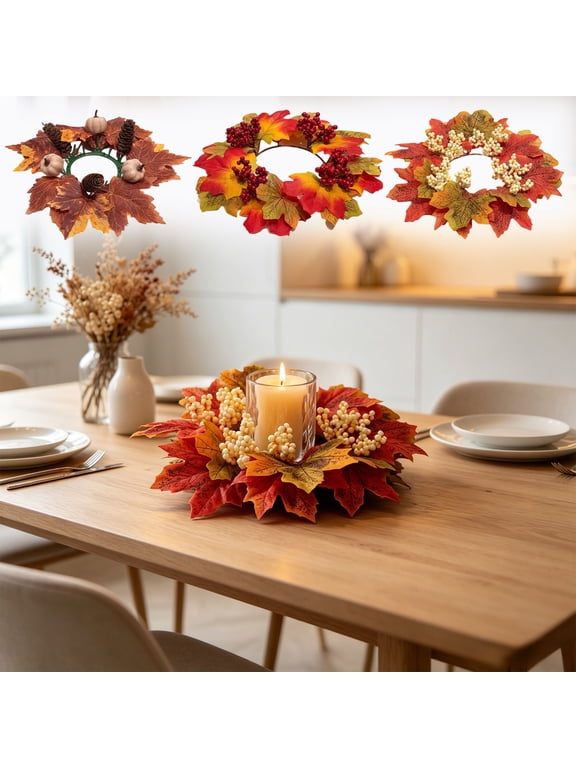 Fall Maple Leaf Candle Ring Wreath, 3 Optional Styles, Artificial Pumpkin/Pinecone/Berry Decor, Table Centerpiece for Thanksgiving & Autumn Holiday