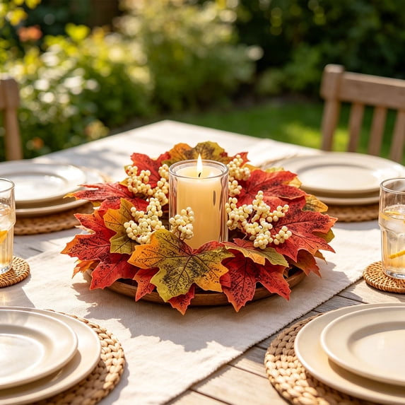 Fall Maple Leaf Candle Ring Wreath, Red Berry Pillar Candle Garland, Harvest Season Faux Foliage Candle Holder, Thanksgiving Table Centerpiece Decor, Artificial Autumn Leaf Arrangement