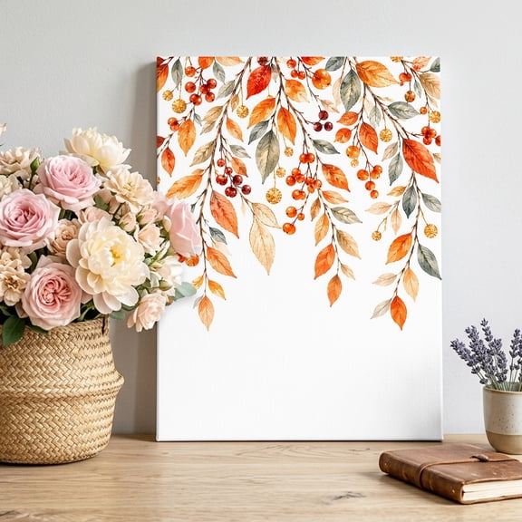 Fall Maple Leaf Canvas Wall Art for Living Room, Country Botanical Minimalist Orange Green Leaf Berry Poster Print Painting for Bedroom Office Home Decoration Wall Pictures Prepare To Hang 20"x30"