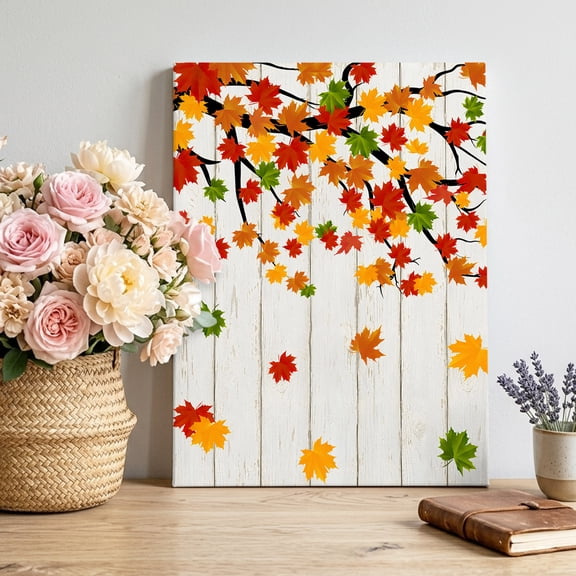 Fall Maple Leaf Canvas Wall Art for Living Room, Country Farmhouse Red Green Leaves Tree Wood Grain Poster Print Painting for Bedroom Office Home Decoration Wall Pictures Prepare To Hang 8"x12"