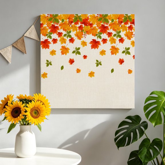 Fall Maple Leaf Canvas Wall Art for Living Room, Rustic Orange Green Falling Foliage Linen Texture Poster Print Painting for Bedroom Office Home Decoration Wall Pictures Prepare To Hang 8"x8"