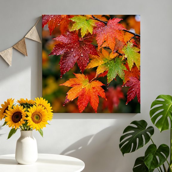 Fall Maple Leaf Canvas Wall Art for Living Room, Rustic Red Green Leaf Water Droplets Twig Foliage Poster Print Painting for Bedroom Office Home Decoration Wall Pictures Prepare To Hang 8"x8"