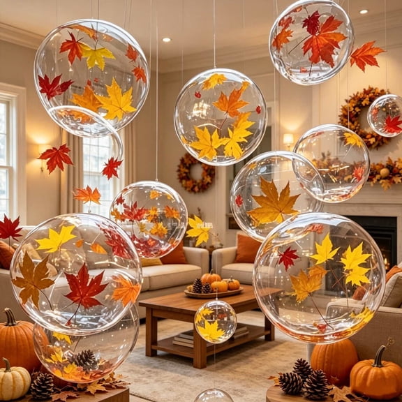 Fall Maple Leaf Clear Balloons Decor Kit with Artificial Leaves – Thanksgiving, Wedding, Party Ceiling and Window Decorations