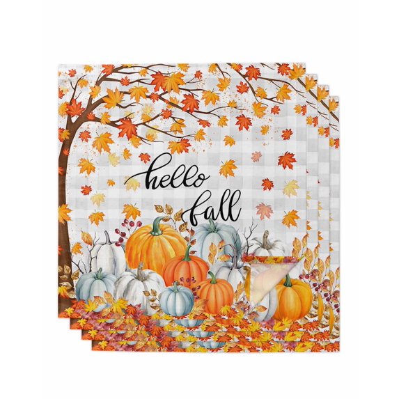 Fall Maple Leaf Cloth Napkins Set of 4 Reusable Dinner Napkins, Thanksgiving Orange White Pumpkin Plaid Cocktail Napkin Washable Table Napkins for Wedding/Holiday Party/Baby Shower 20"x20"
