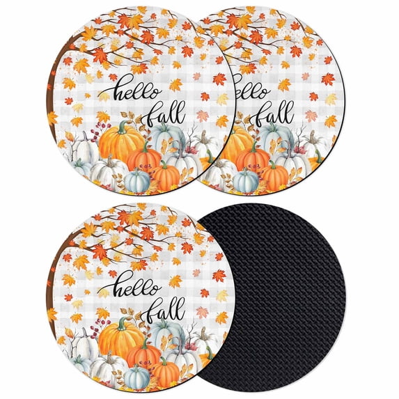 Fall Maple Leaf Coasters Set of 4, Absorbent Coasters for Drinks, Thanksgiving Orange White Pumpkin Plaid Coaster for Desk Coffee Table Protection, Home Decor House Warming Gifts 4"