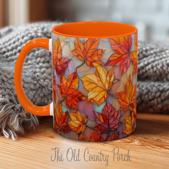 Fall Maple Leaf Coffee Mug: Stained Glass Style Ceramic Tea Cup