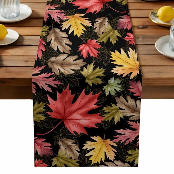 Fall Maple Leaf Cotton Linen Table Runner for Dining Kitchen, Thanksgiving Botanical Leaves Black Wedding Outdoor Party Tablerunners Decoration, Dresser Scarf Coffee Tablecloth Runners 13x36 Inches