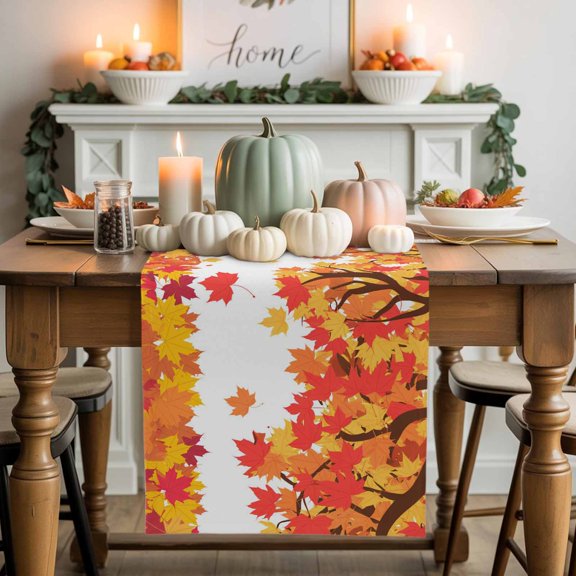 Fall Maple Leaf Cotton Linen Table Runner, Washable Table Runners for Kitchen, Dining Room, Holiday, Home Party Table Decor, 13x36 Inches
