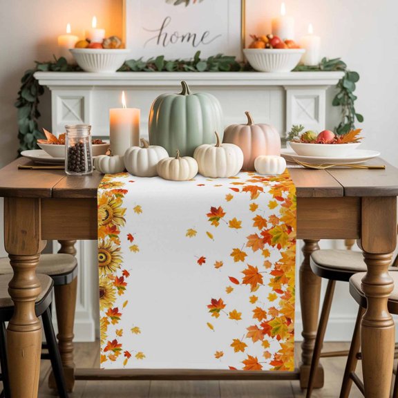 Fall Maple Leaf Cotton Linen Table Runner, Washable Table Runners for Kitchen, Dining Room, Holiday, Home Party Table Decor, 13x36 Inches