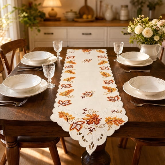 Fall Maple Leaf Embroidered Table Runner, 38176CM Scalloped Cutwork Table Decor for Thanksgiving Dining Table