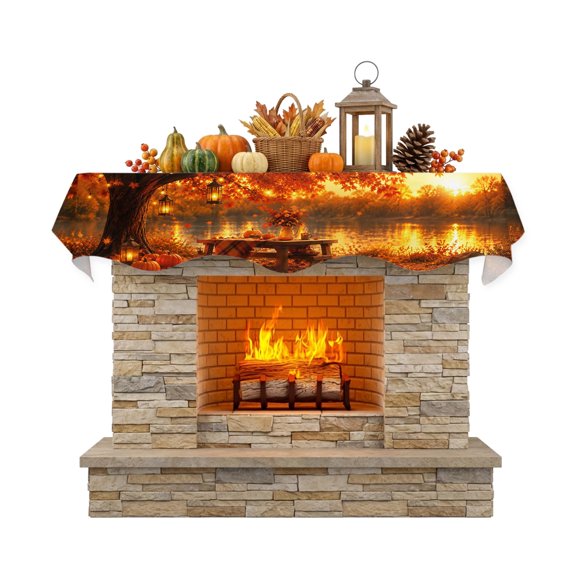 Fall Maple Leaf Fireplace Mantle Scarf Lakeside Serenity Orange Golden Pumpkins Tree Rustic Mantel Cover Runner Fireplace Cloth for Holiday Party Home Living Room Decor 60 x 17 Inch