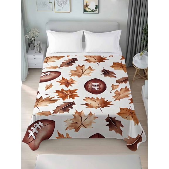 Fall Maple Leaf Football California King Size Flat Sheet, Wrinkleproof & Fadeproof Cooling Flat Bed Sheet Only, Autumn Farmhouse Vintage Breathable Soft Bedding Top Sheets 108 x 98 Inches