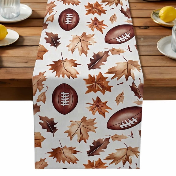 Fall Maple Leaf Football Cotton Linen Table Runner for Dining Kitchen, Autumn Farmhouse Vintage Wedding Outdoor Party Tablerunners Decoration, Dresser Scarf Coffee Tablecloth Runners 13x120 Inches