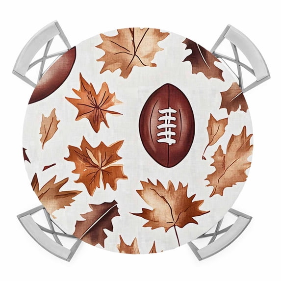 Fall Maple Leaf Football Round Tablecloth for 55-60 Inch Tables, Fitted Table Cover with Elastic Edge, Autumn Farmhouse Vintage Waterproof Outdoor Table Cloth Protector for Patio Garden Dinner Picnic