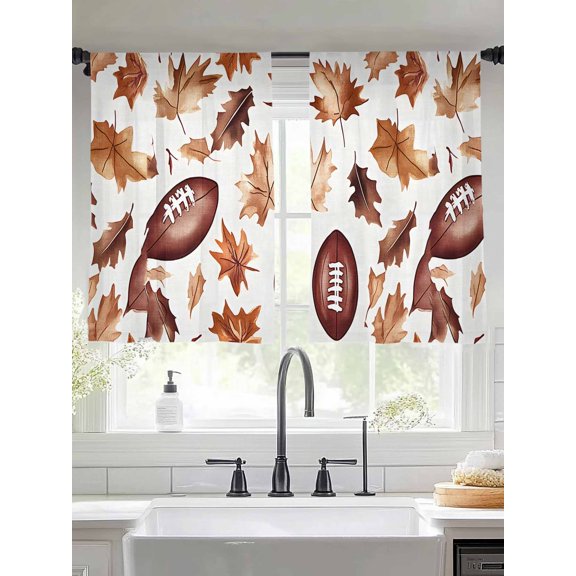 Fall Maple Leaf Football Sheer Curtains for Living Room Bedroom Autumn Farmhouse Vintage Sheer Curtains 45 Inch Long 2 Panels Set Light Filtering Curtain Window Treatments Drapes for Dining Room